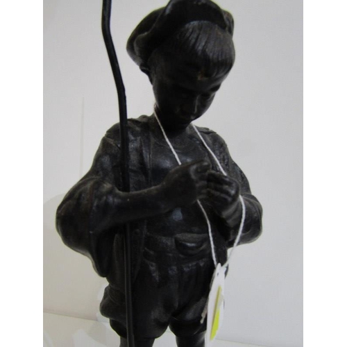 131 - METAL SCULPTURE, circular base sculpture of young boy with fishing rod, 53cm height