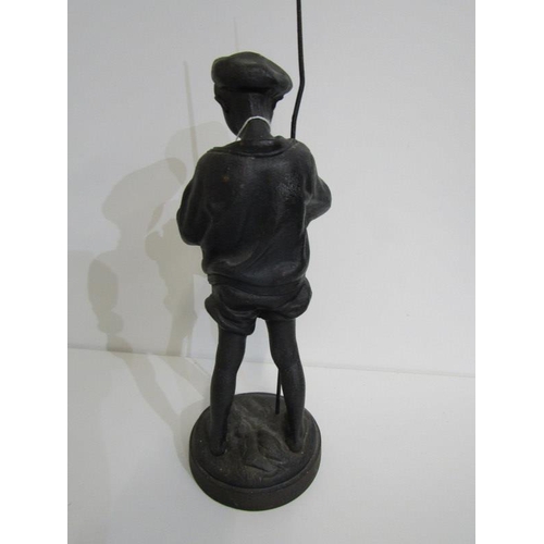 131 - METAL SCULPTURE, circular base sculpture of young boy with fishing rod, 53cm height