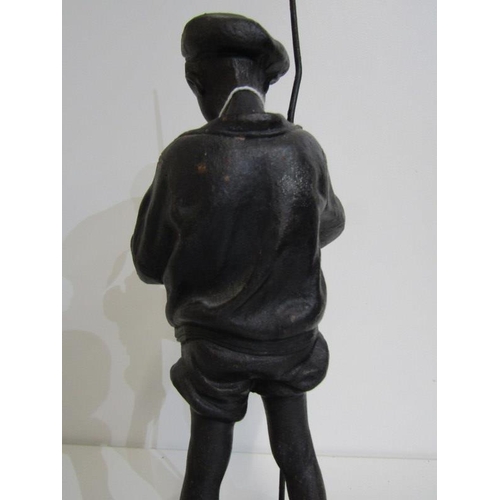 131 - METAL SCULPTURE, circular base sculpture of young boy with fishing rod, 53cm height