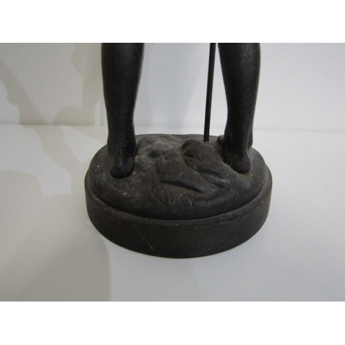 131 - METAL SCULPTURE, circular base sculpture of young boy with fishing rod, 53cm height