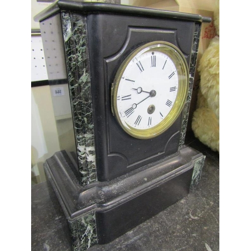 132 - VICTORIAN MANTEL CLOCK, inlaid black marble, plinth based mantel clock, 28cm height