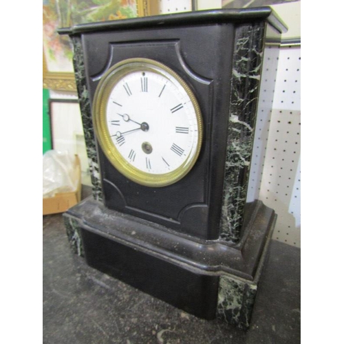 132 - VICTORIAN MANTEL CLOCK, inlaid black marble, plinth based mantel clock, 28cm height