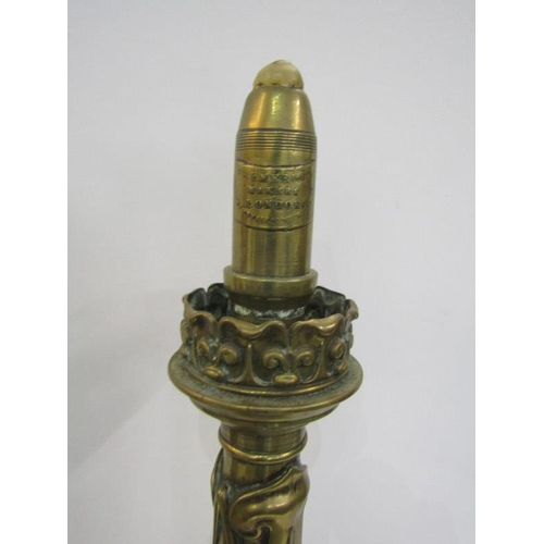 146 - ART NOUVEAU, brass square base large candlestick with ejector mechanism by Palmer & Co, 23cm height