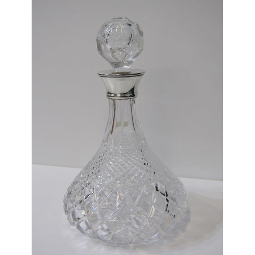 15 - DECANTERS, 3 silver collared decanters (1 with damaged stopper) together with 1 other cut glass whis... 