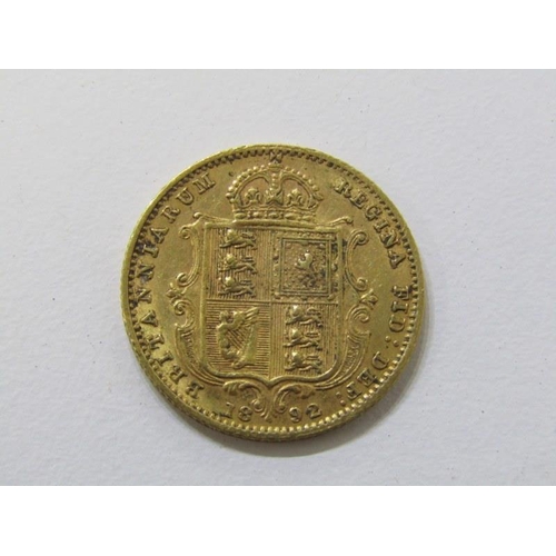 155 - VICTORIAN HALF SOVEREIGN, 1892 shield back gold half sovereign