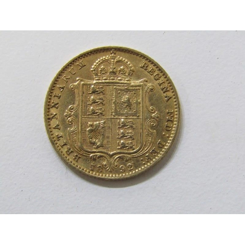 157 - GOLD HALF SOVEREIGN, Victorian 1892 shield back gold half sovereign, higher grade