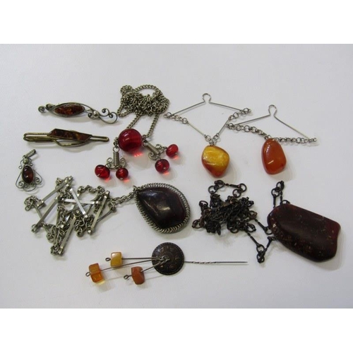 170 - AMBER JEWELLERY, assorted amber jewellery, amber and silver necklaces, amber stick pins, etc