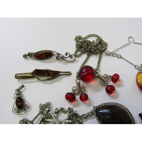 170 - AMBER JEWELLERY, assorted amber jewellery, amber and silver necklaces, amber stick pins, etc