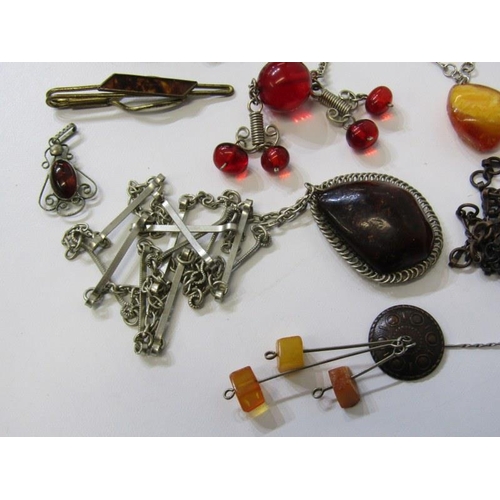 170 - AMBER JEWELLERY, assorted amber jewellery, amber and silver necklaces, amber stick pins, etc