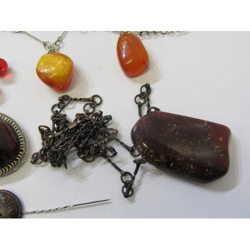 170 - AMBER JEWELLERY, assorted amber jewellery, amber and silver necklaces, amber stick pins, etc