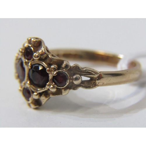 178 - VINTAGE GARNET RING, 9ct yellow gold ring set 2 main garnets surrounded by 4 further garnets, size M