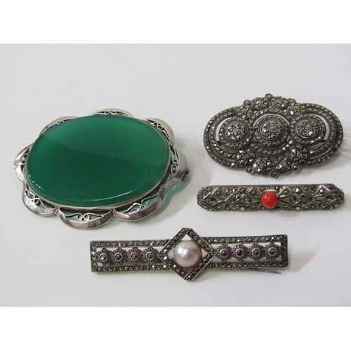 181 - SILVER BROOCHES, 3 assorted silver and marcasite brooches, together with a large antique oval brooch... 