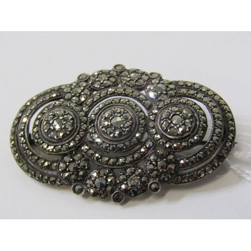 181 - SILVER BROOCHES, 3 assorted silver and marcasite brooches, together with a large antique oval brooch... 