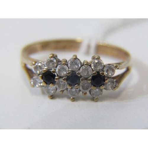 183 - TRIPLE CLUSTER RING, 9ct yellow gold ring, set a triple cluster of CZs, size J/K