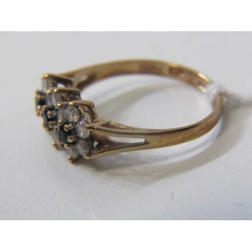 183 - TRIPLE CLUSTER RING, 9ct yellow gold ring, set a triple cluster of CZs, size J/K