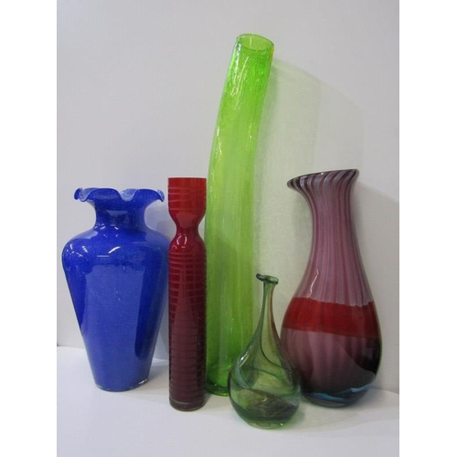 19 - RETRO GLASS, tall green glass bottle flask, 59cm; also Murano blue glass crinoline neck, 36cm vase a... 