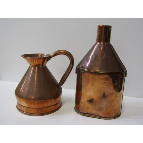 20 - COPPERWARE, vintage copper oval flask, copper  jug and 2 flower holders