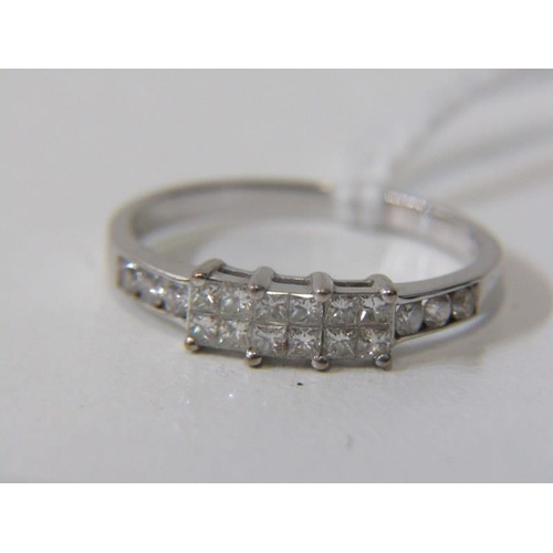 221 - DIAMOND CLUSTER RING, 18ct white gold triple cluster diamond ring with diamond shoulders, size L