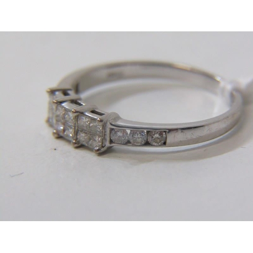 221 - DIAMOND CLUSTER RING, 18ct white gold triple cluster diamond ring with diamond shoulders, size L