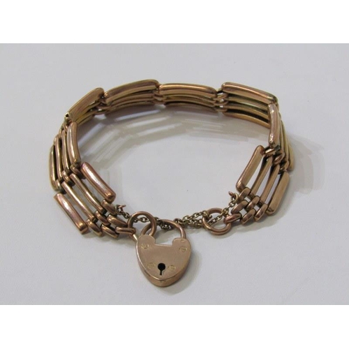 230 - GOLD BRACELET, yellow gold 4 bar gatelink bracelet with padlock clasp, 15.8 grams