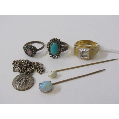 233 - ASSORTED COSTUME JEWELLERY, opal set stick pin, silver St Christopher, silver stone set rings, etc