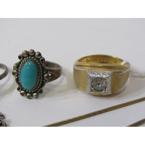 233 - ASSORTED COSTUME JEWELLERY, opal set stick pin, silver St Christopher, silver stone set rings, etc