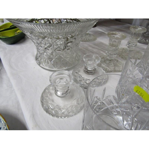 26 - CUT GLASS, 2 pairs of cut glass dressing table candlesticks, frosted glass comports, 4 tumblers, etc