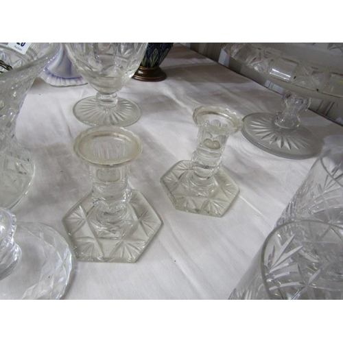 26 - CUT GLASS, 2 pairs of cut glass dressing table candlesticks, frosted glass comports, 4 tumblers, etc