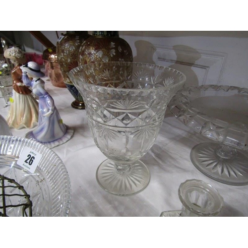 26 - CUT GLASS, 2 pairs of cut glass dressing table candlesticks, frosted glass comports, 4 tumblers, etc