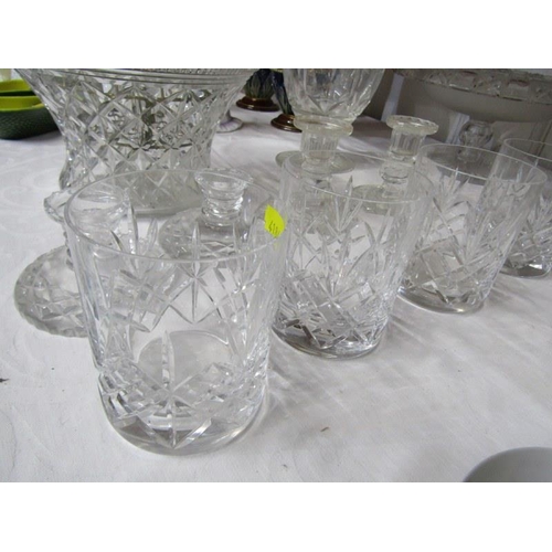 26 - CUT GLASS, 2 pairs of cut glass dressing table candlesticks, frosted glass comports, 4 tumblers, etc