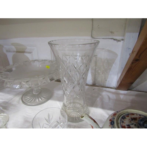 26 - CUT GLASS, 2 pairs of cut glass dressing table candlesticks, frosted glass comports, 4 tumblers, etc