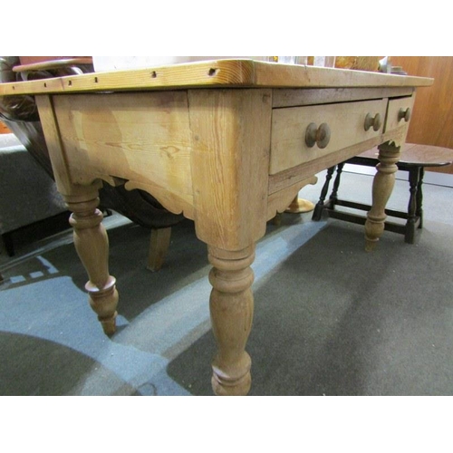 841 - PINE FARMHOUSE TABLE with 2 frieze drawers, 141 cm length