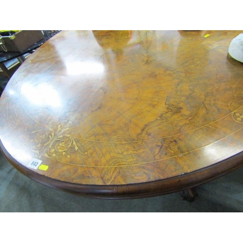 843 - VICTORIAN BURR WALNUT MARQUETRY OVAL DINING TABLE on 4 scroll legs