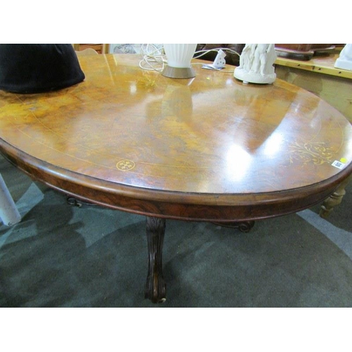 843 - VICTORIAN BURR WALNUT MARQUETRY OVAL DINING TABLE on 4 scroll legs