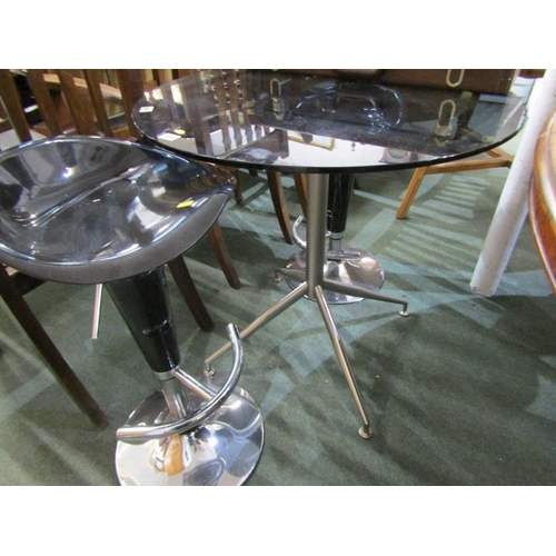 844 - RETRO PLATE GLASS BREAKFAST TABLE and pair of chromed stools