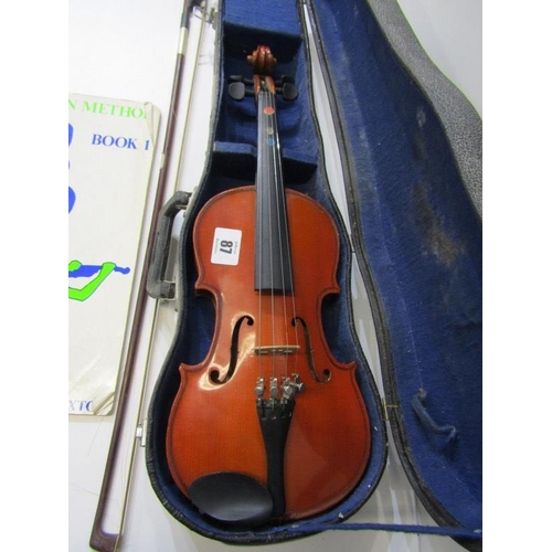 87 - SMALL SIZE CHINESE VIOLIN IN CASE, together with bow