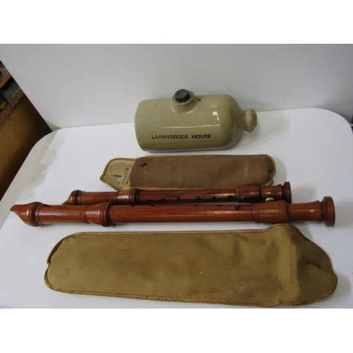 90 - LANHYDROCK HOUSE stoneware hot water bottle; also 2 cased recorders