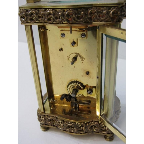 98 - CARRIAGE CLOCK, serpentine fronted scroll crested carriage clock by Doucine