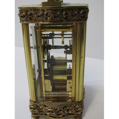 98 - CARRIAGE CLOCK, serpentine fronted scroll crested carriage clock by Doucine