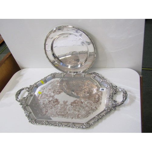 84 - SILVERPLATE, twin handled, octagonal pierced edge tray, together with one other circular tray, also ... 