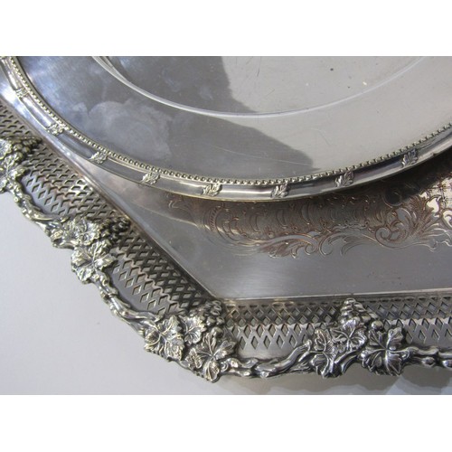 84 - SILVERPLATE, twin handled, octagonal pierced edge tray, together with one other circular tray, also ... 