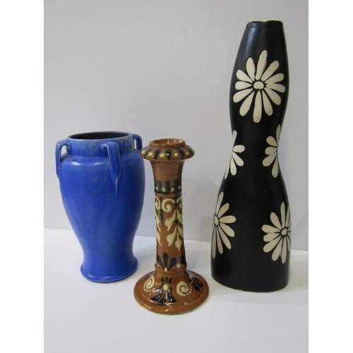 12 - LAUDER BARUM, slip glazed candlestick A/F, Brannam Barnstaple blue glazed vase together with retro f... 