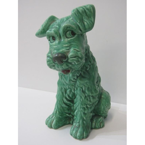 15 - SYLVAC green glazed seated dog, pattern no. 1380, 29cm height, together with signed sculpture 'Seate... 