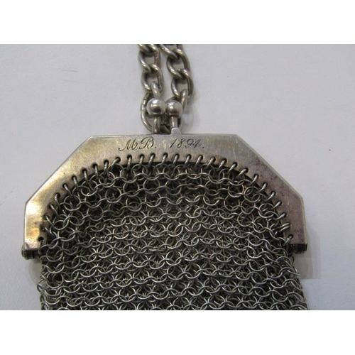 162 - VICTORIAN MESH PURSE, Victorian French silver twin section mesh purse on curb link chain, engraved 