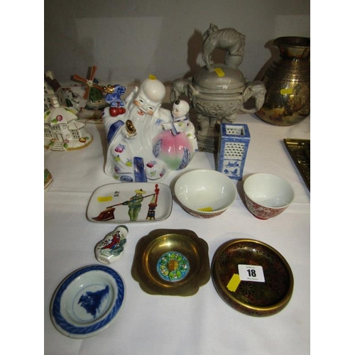 18 - ORIENTAL CERAMICS, deity group, Sake bowls, also cloisonne small dish etc.