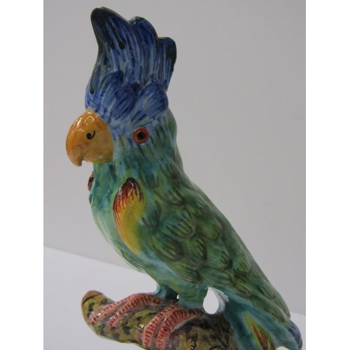 2 - ANTIQUE FAIENCE PARAKEET, continental figure, signed to base,25cm height