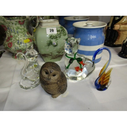 20 - 3 T.G. GREEN CORNISH WARE STORAGE JARS, German lidded tankard, Poole owl, glass crystal cat etc