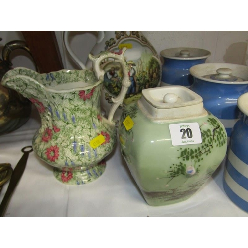 20 - 3 T.G. GREEN CORNISH WARE STORAGE JARS, German lidded tankard, Poole owl, glass crystal cat etc