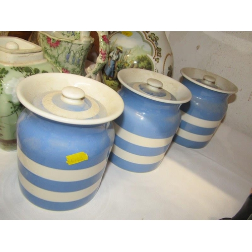 20 - 3 T.G. GREEN CORNISH WARE STORAGE JARS, German lidded tankard, Poole owl, glass crystal cat etc