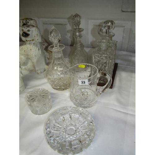 23 - CUT GLASS, pair of square based whisky decanters on stand , 2 Victorian decanters and other cut glas... 